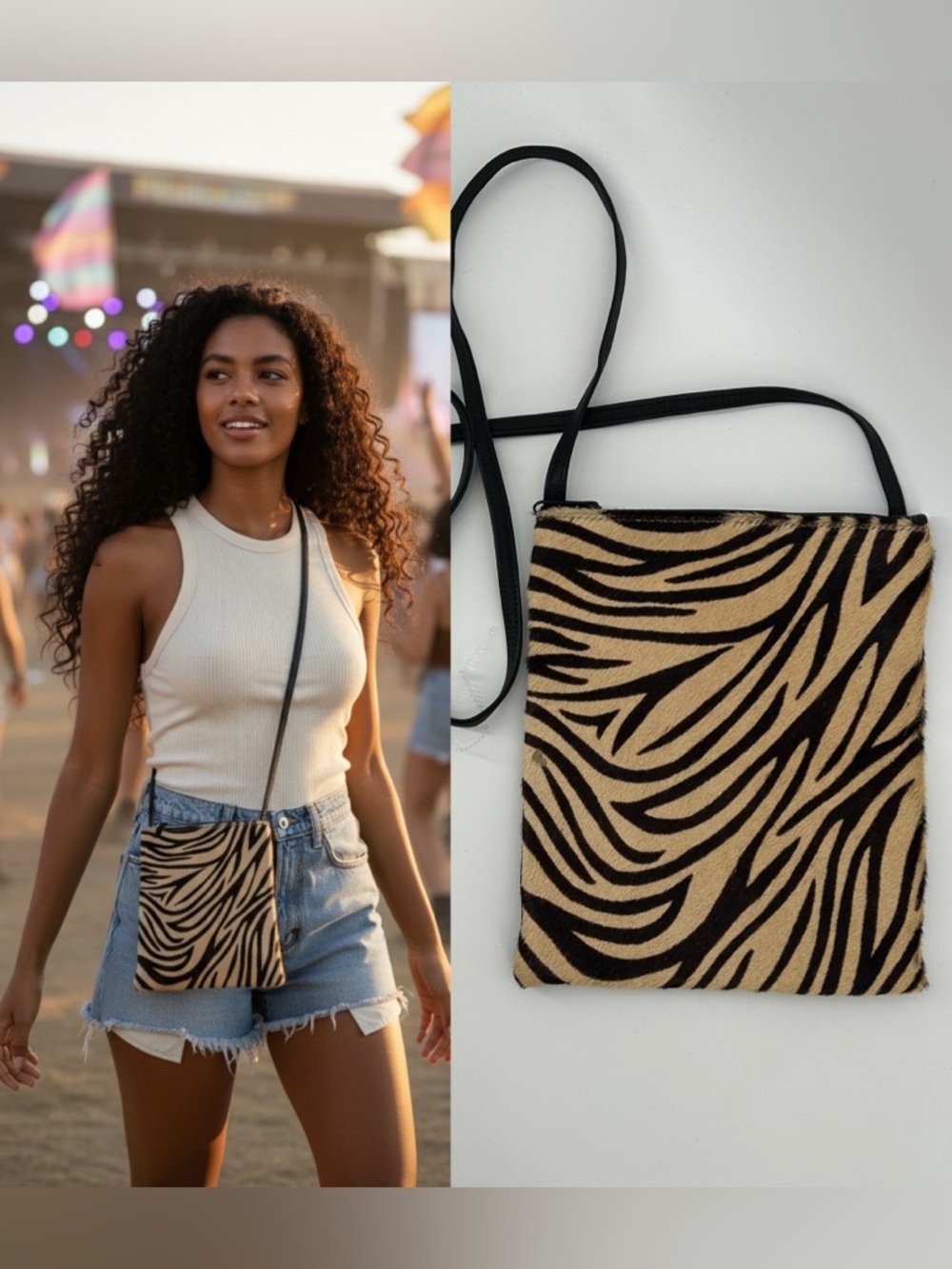 Zebra Print Calf-hair Festival Travel Concert Crossbody Bag - Black and Tan